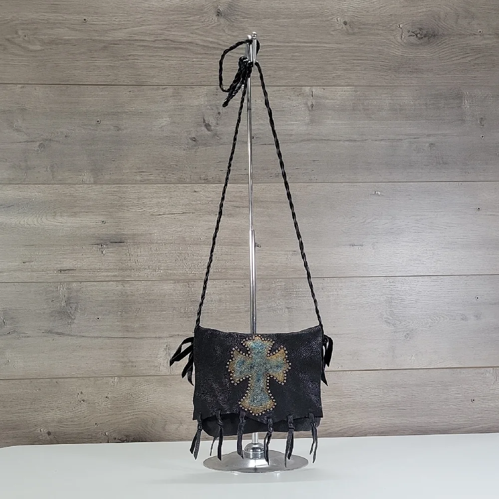 Patricia Wolf Black Studded Leather Crossbody Bag with Turquoise Cross Accent